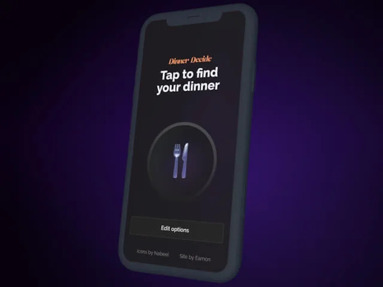 A photo of an iPhone mockup with the Dinner Decide website featured inside of it.