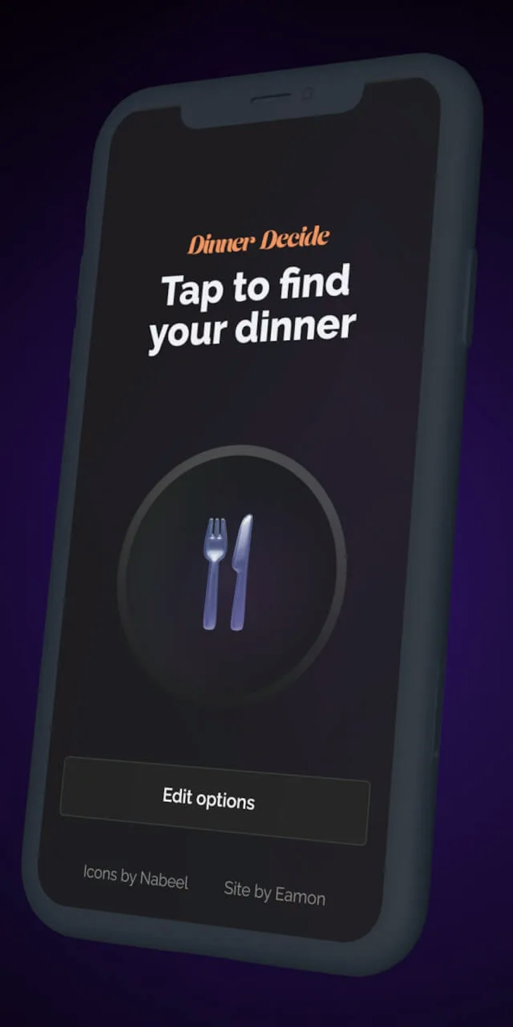 A mockup of a phone with the Dinner Decide website on it.