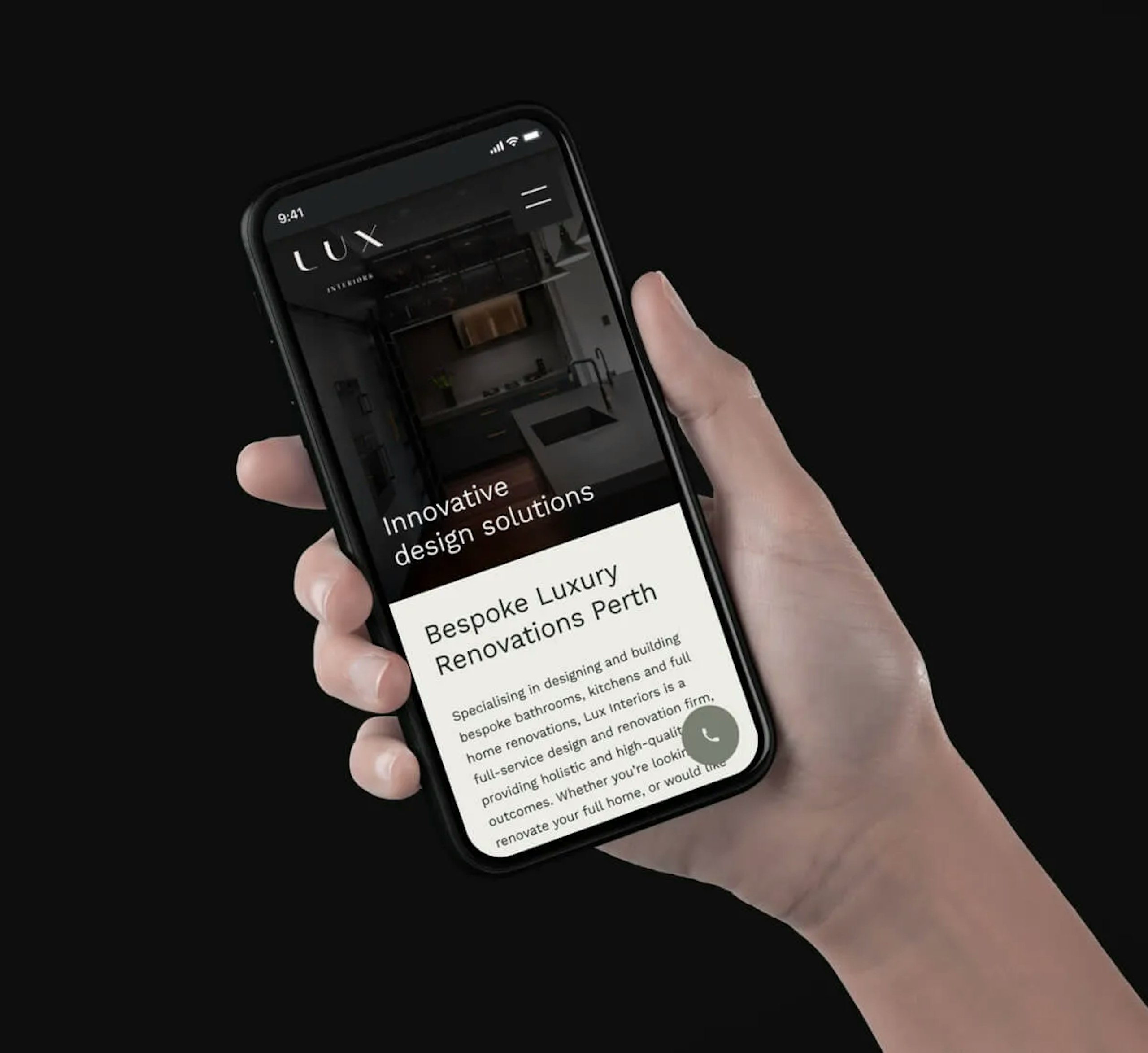 A photo of an iPhone mockup with the Lux Interiors website featured inside of it.