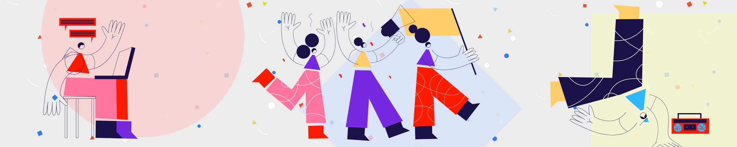 An illustration of various generic people dancing, sitting and break-dancing.