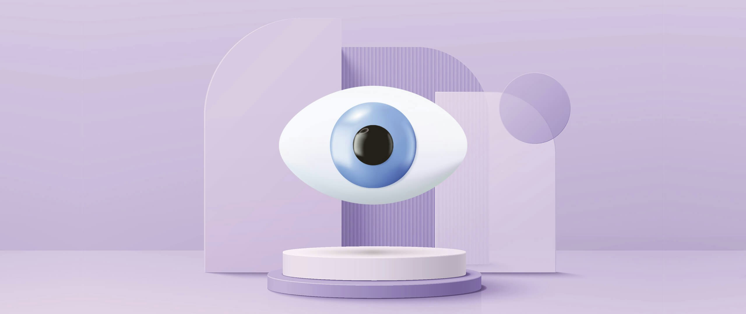 A mockup of a 3D eyeball, floating on a purple background.