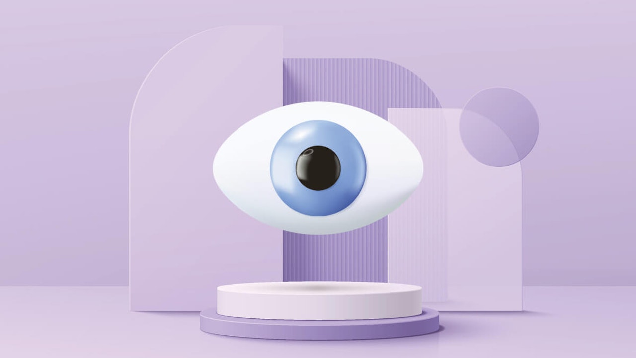 A mockup of a 3D eyeball, floating on a purple background.